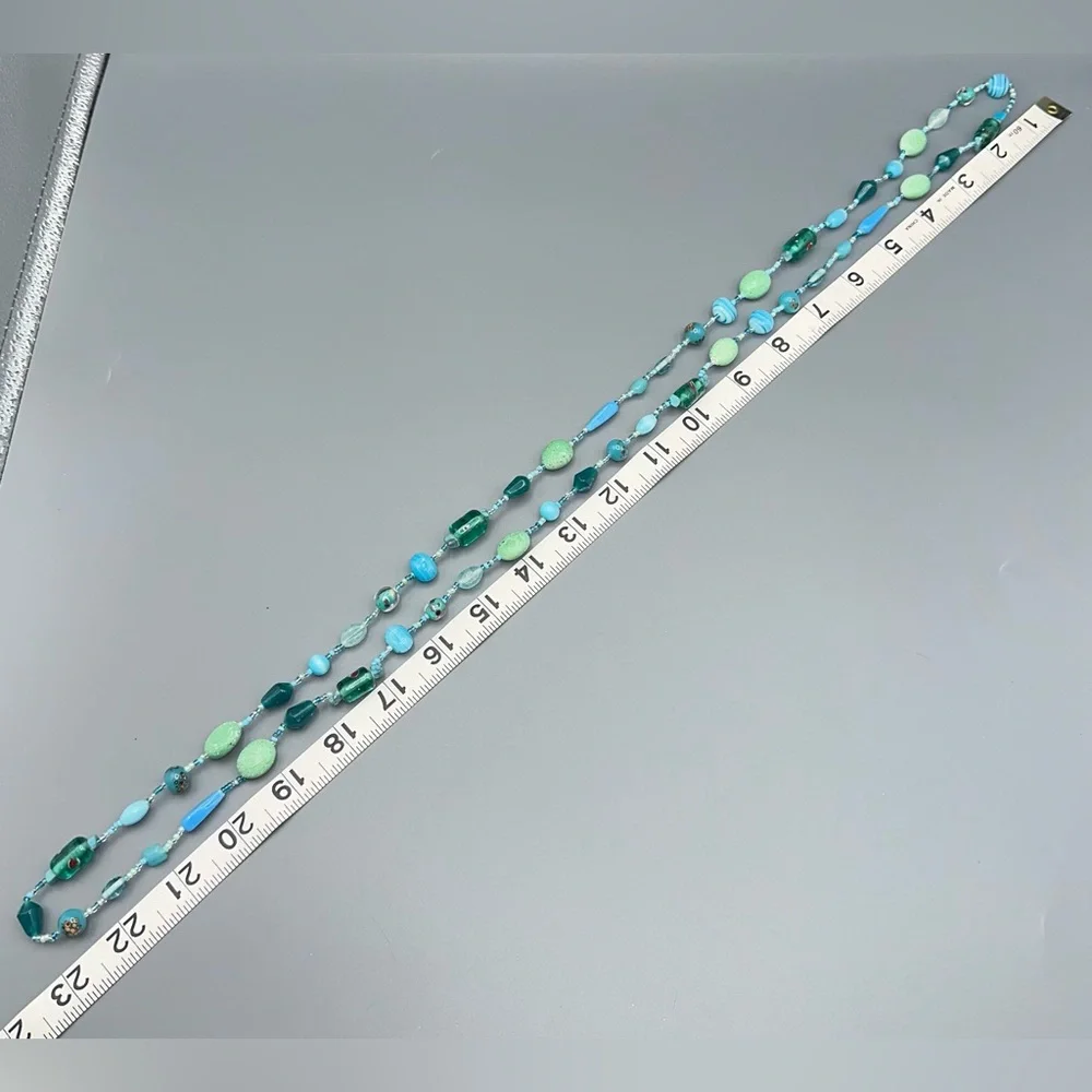 VTG Teal Green Blue Art Glass Beaded Necklace 46" Art to Wear Boho - Picture 4 of 4
